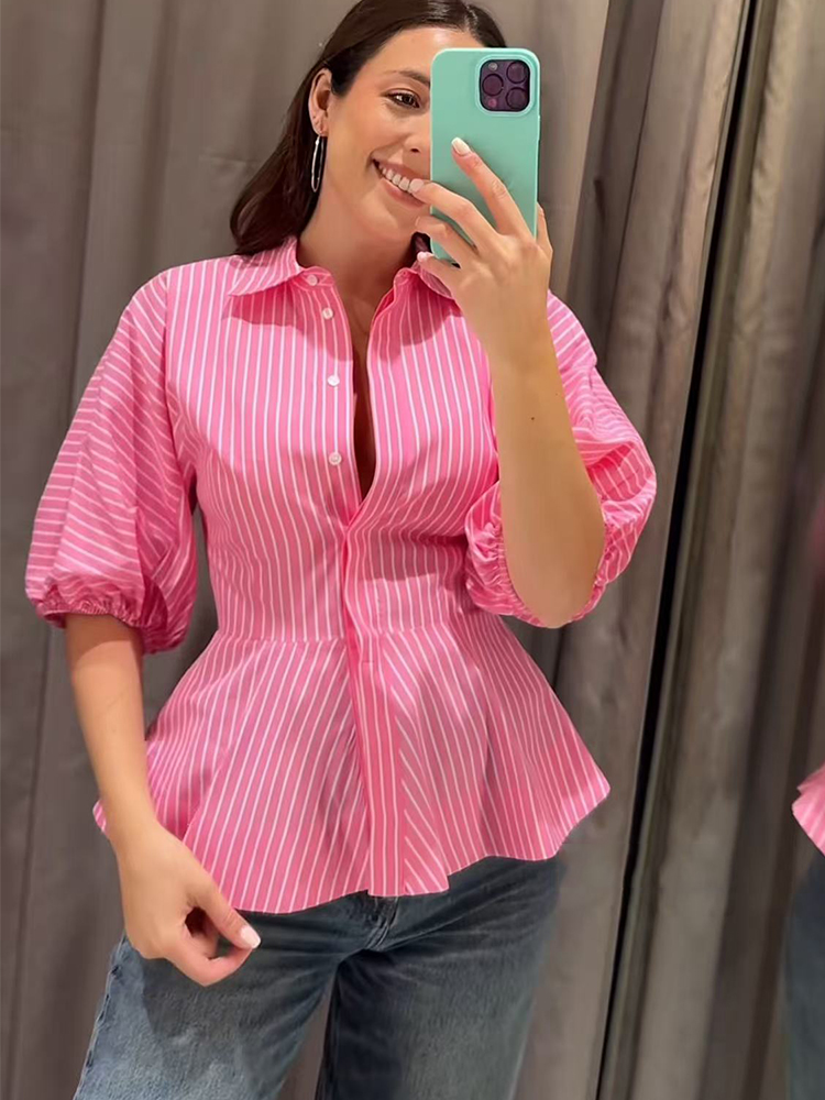 Summer Youth Clothing - Camisas Femininas Listradas TFMLN, Ajuste Slim,