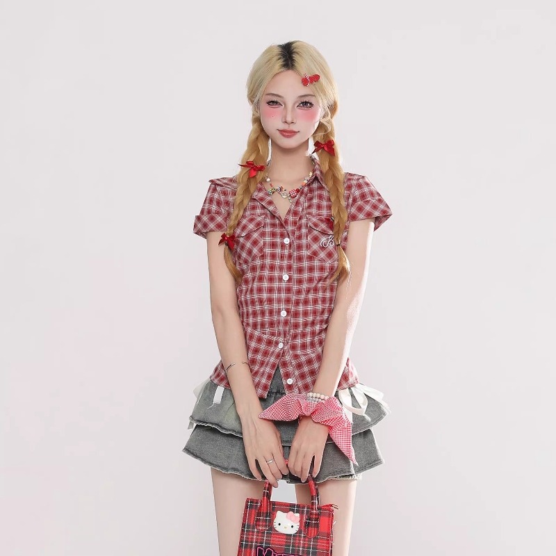 Summer Goth Clothing - Camisa Vintage Gótica Xadrez Harajuku para