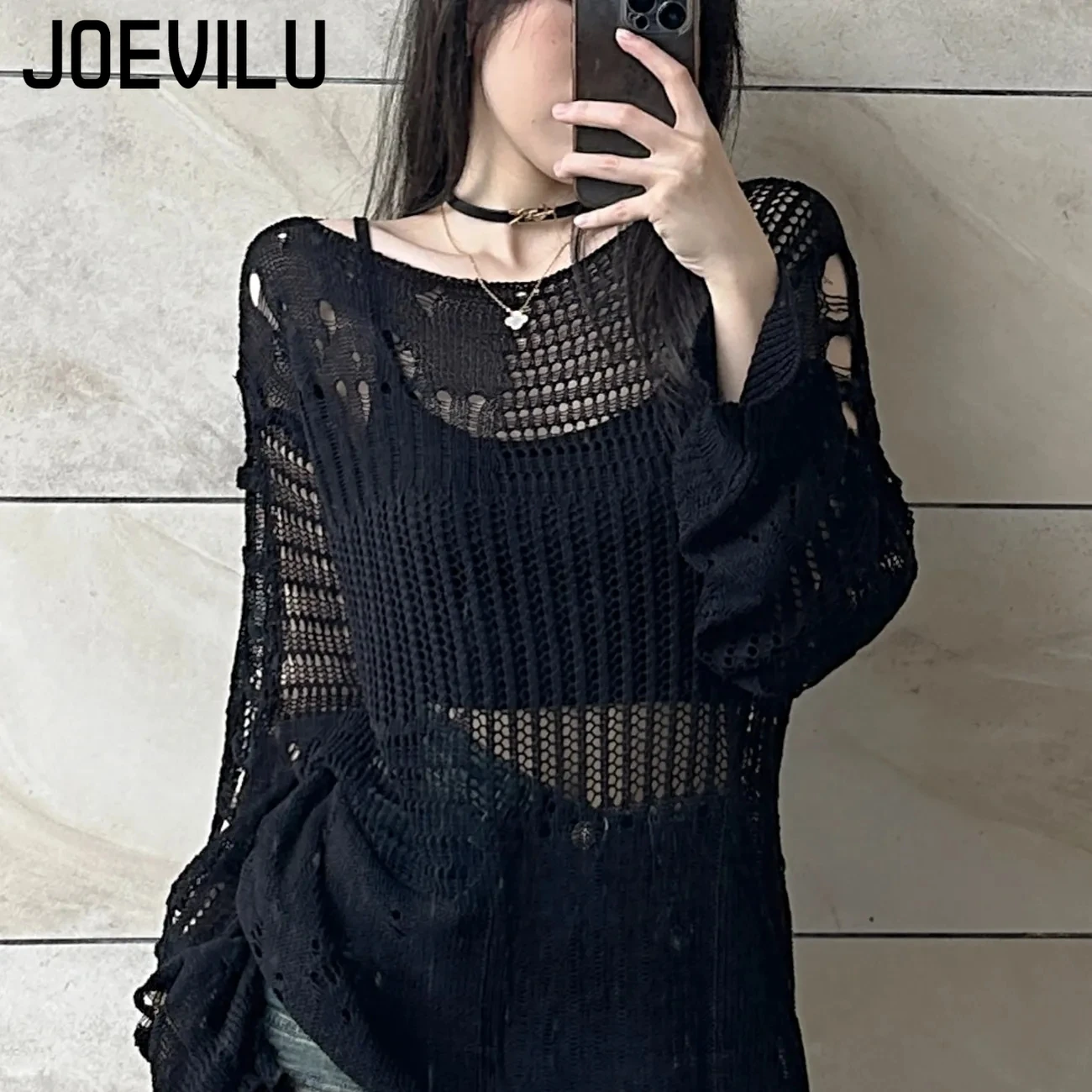 Summer Goth Clothing - Joevilu blusa de malha oca verão