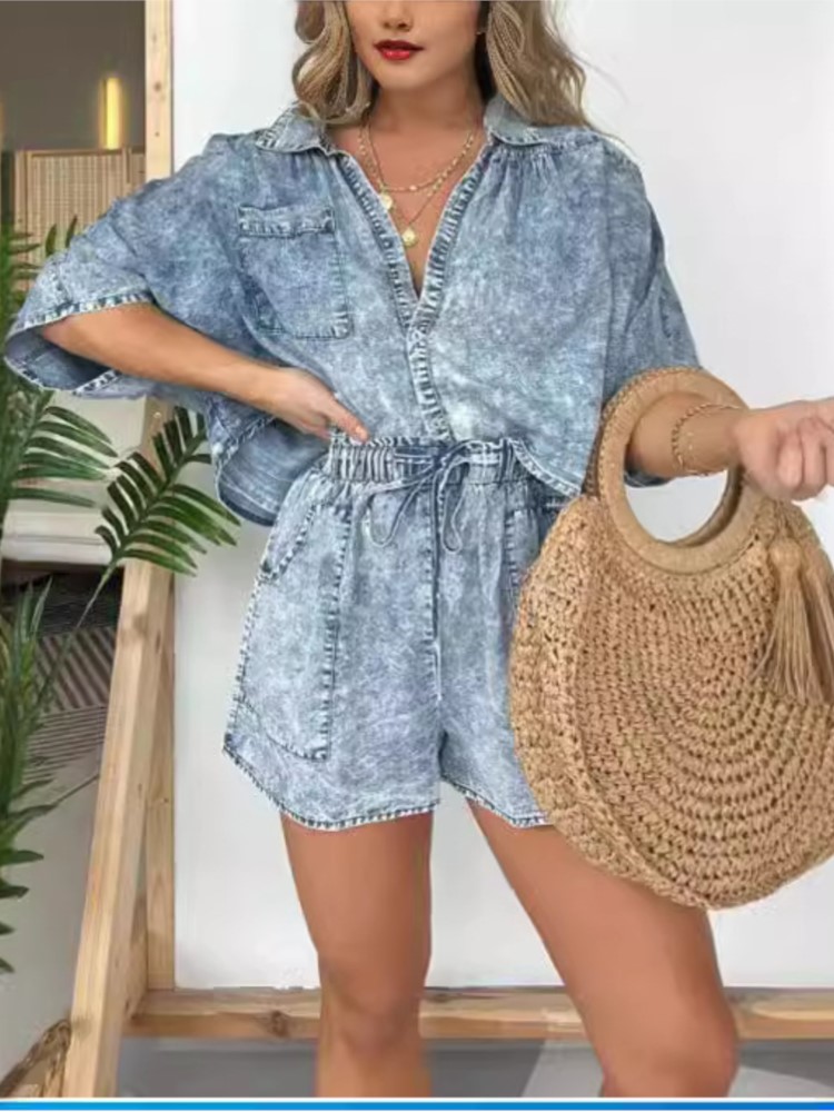 Summer Clothing Zara - Moda vintage denim azul shorts terno